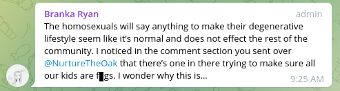 Homophobic post by "Branka Ryan."
