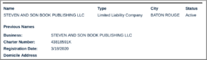 Antelope Hill Publishing was listed as an officer for the Louisiana limited liability company Steven and Son Book Publishing LLC. The domicile and mailing address would turn up again in the massive leak of Epik.com by Anonymous.