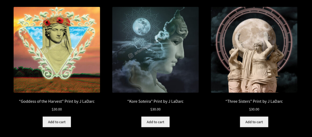 Some example of art prints by "J LaDarc" sold on the White Art Collective web store.